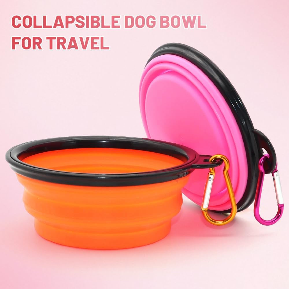 Collapsible Dog Bowls, 2 Pack, Portable Pet Feeding Watering Dish for Traveling with Carabiners (Small, Orange+Pink)