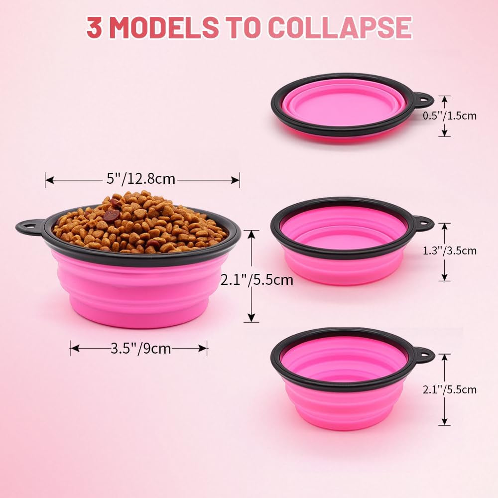 Collapsible Dog Bowls, 2 Pack, Portable Pet Feeding Watering Dish for Traveling with Carabiners (Small, Orange+Pink)